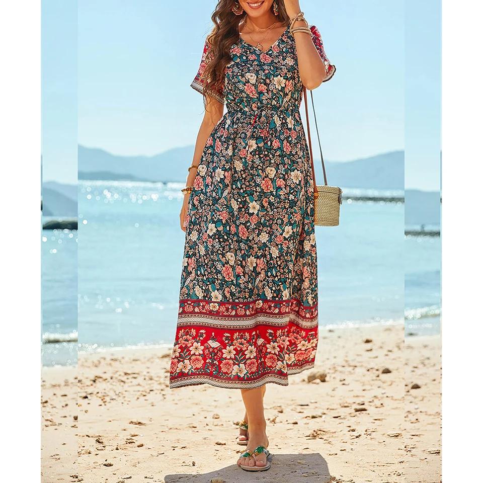 Coral%20Red%20V-Neck%20Floral%20Print%20Midi%20Dress