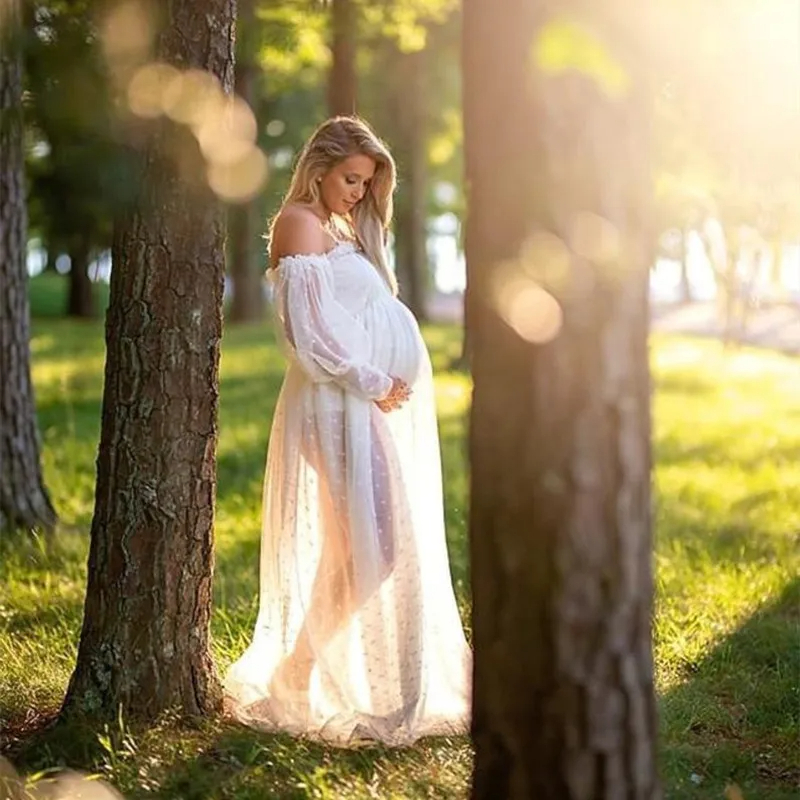 White%20Dot%20Tulle%20Long%20Maternity%20Dress