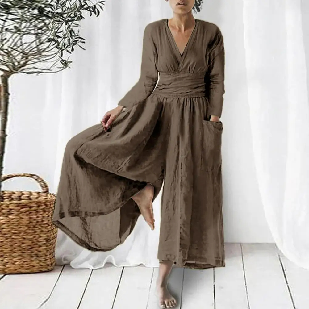 Khaki%20V%20Neck%20Long%20Sleeve%20Cotton%20Linen%20Jumpsuit