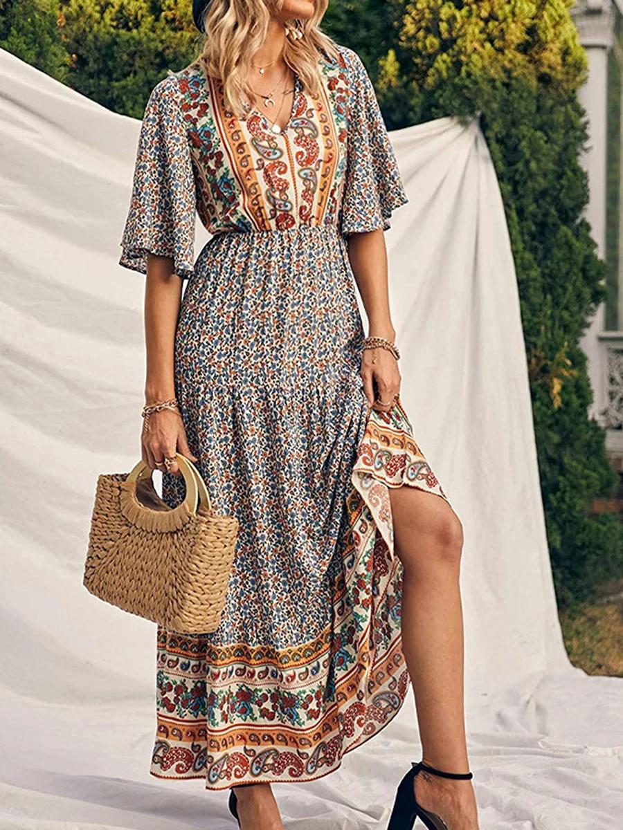 Yellow%20Retro%20Print%20Boho%20Long%20Dress-