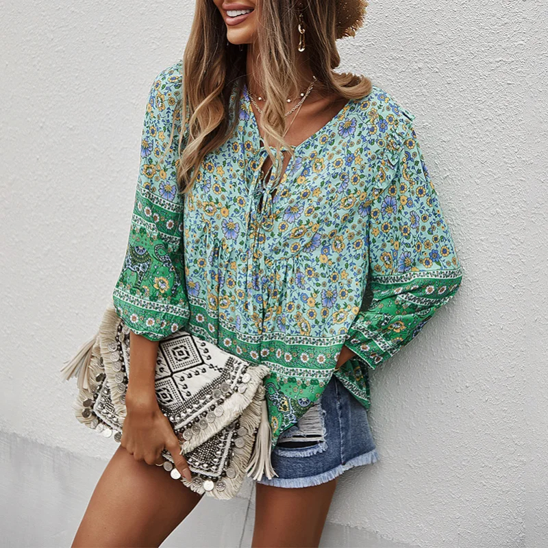 Green%20Floral%20Long%20Sleeve%20Vintage%20Boho%20Blouse%20/