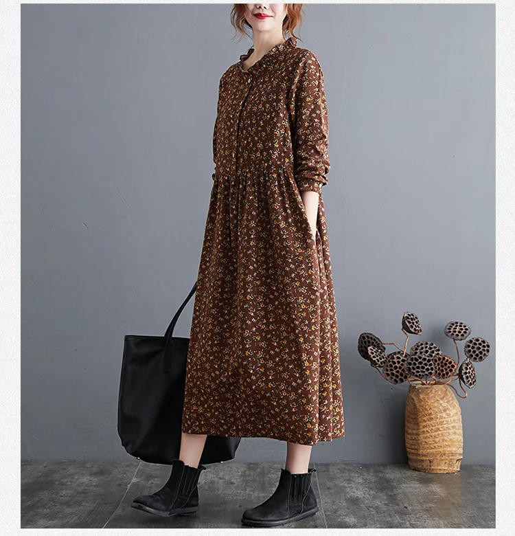 Coffee%20Cotton%20Linen%20Floral%20Long%20Dress%20/