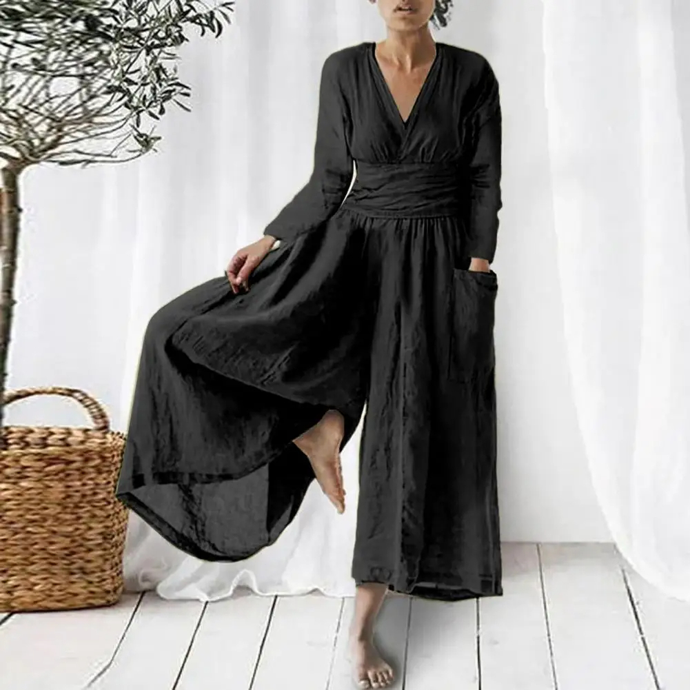 Black%20V%20Neck%20Long%20Sleeve%20Cotton%20Linen%20Jumpsuit-