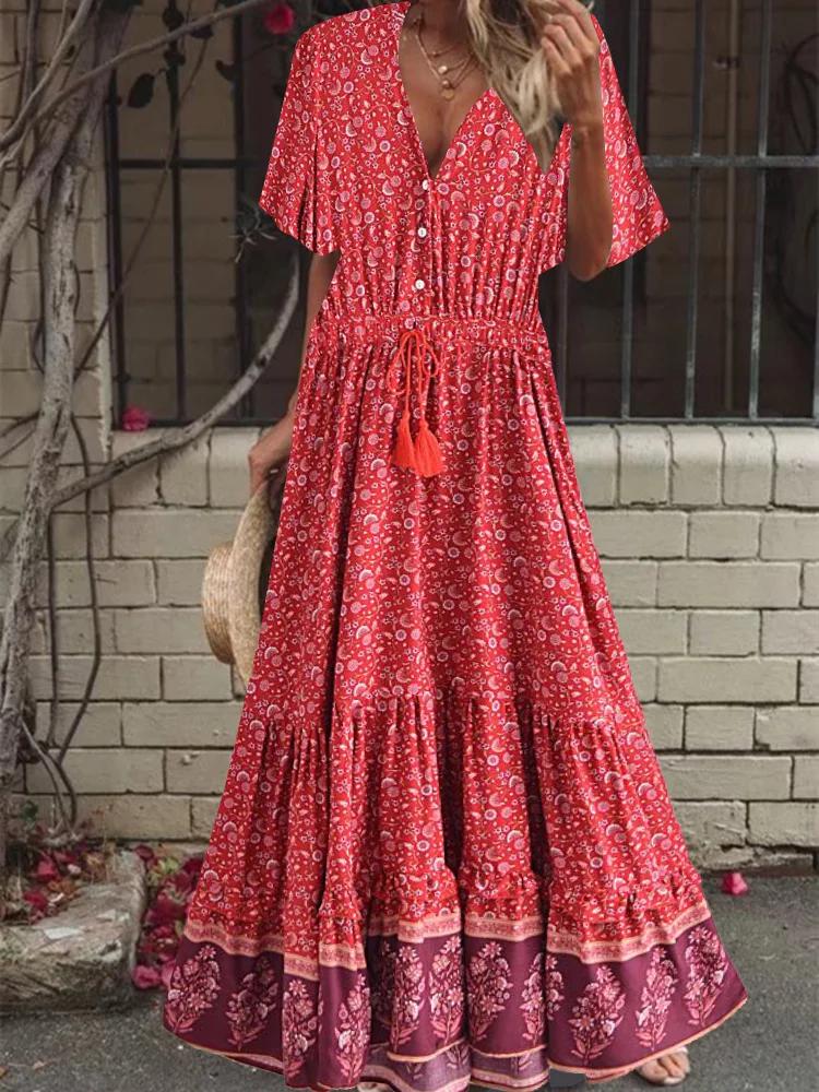 Red%20Beach%20Bohemian%20%20V%20%20Neck%20Tassel%20Maxi%20Dress