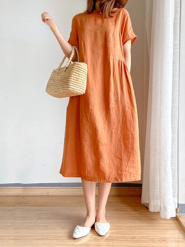 Orange%20Cotton%20Linen%20Midi%20Dress