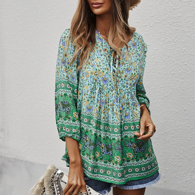 Green%20Floral%20Long%20Sleeve%20Vintage%20Boho%20Blouse%20/