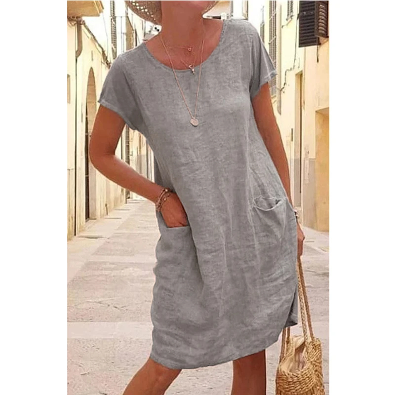 Gray%20Pocket%20Short%20Sleeve%20O%20Neck%20Cotton%20Linen%20Midi%20Dress-