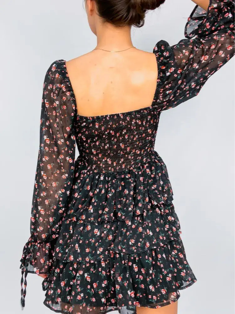 Black%20Flower%20Print%20Puff%20Long%20Sleeve%20Mini%20Dress