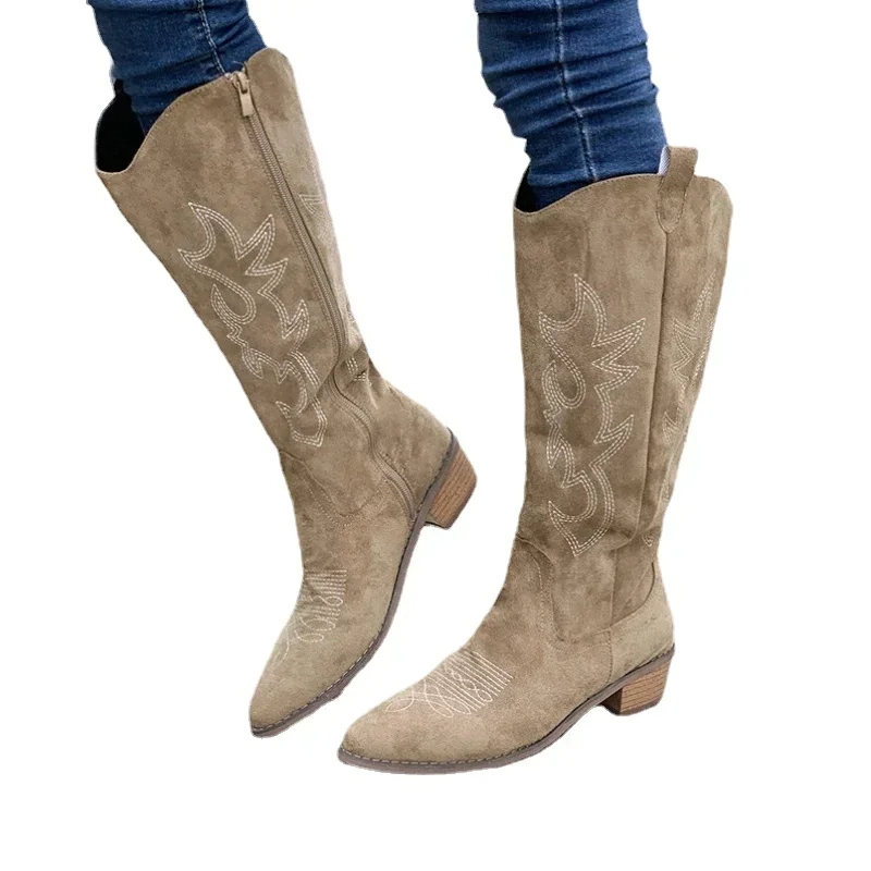 Khaki%20Embroidered%20Boots%20for%20Women