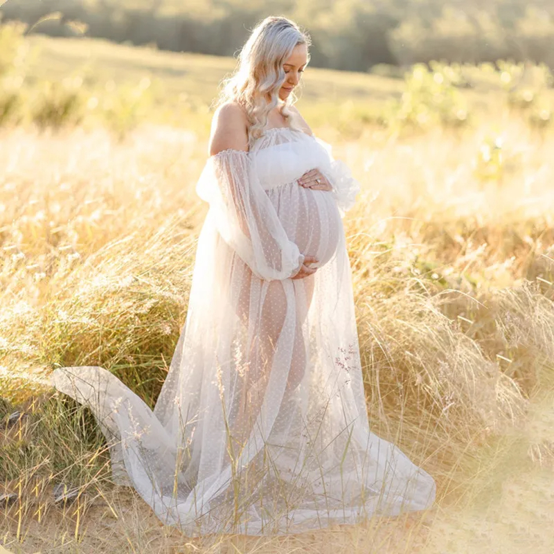 White%20Dot%20Tulle%20Long%20Maternity%20Dress