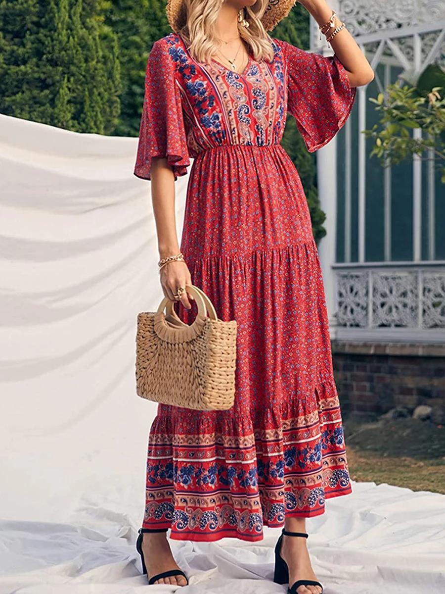 Red%20Retro%20Print%20Boho%20Long%20Dress