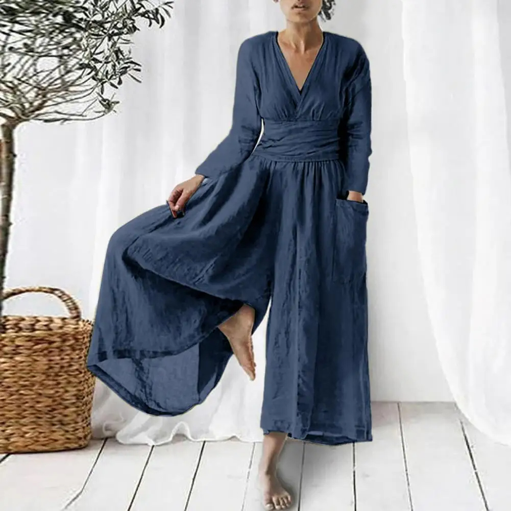 Navy%20Blue%20V%20Neck%20Long%20Sleeve%20Cotton%20Linen%20Jumpsuit-