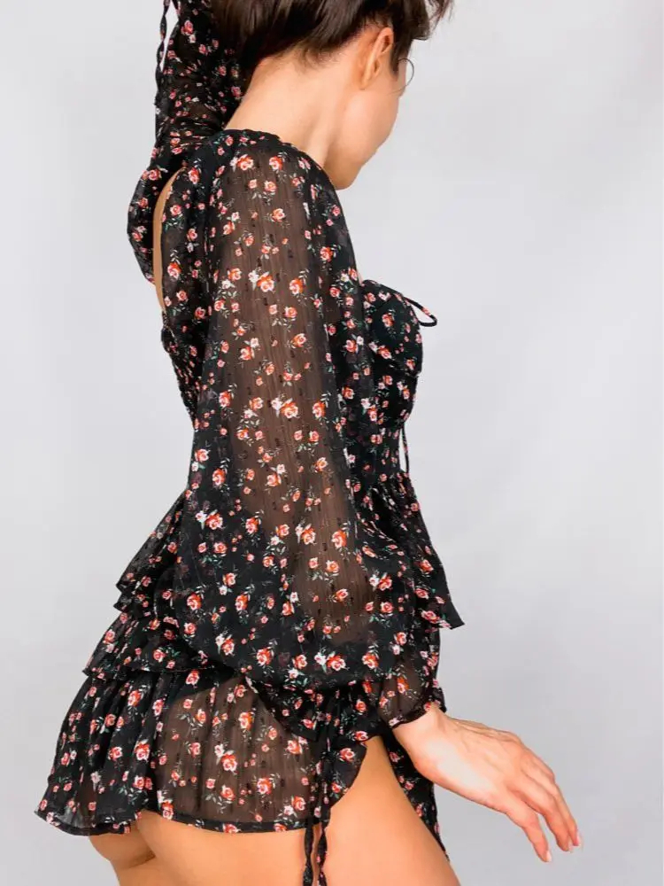 Black%20Flower%20Print%20Puff%20Long%20Sleeve%20Mini%20Dress/