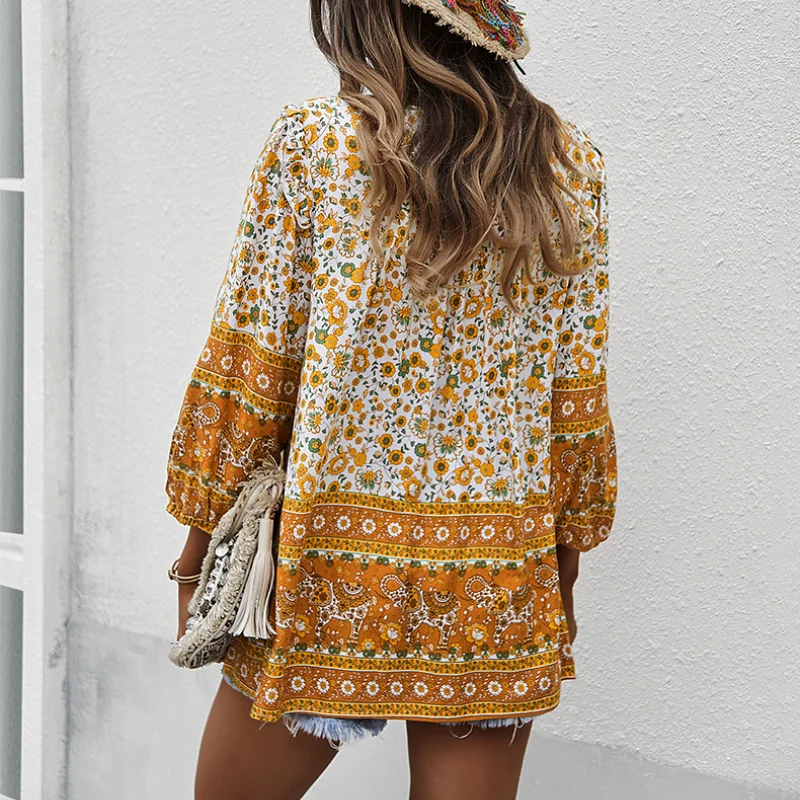 Yellow%20Floral%20Long%20Sleeve%20Vintage%20Boho%20Blouse%20/