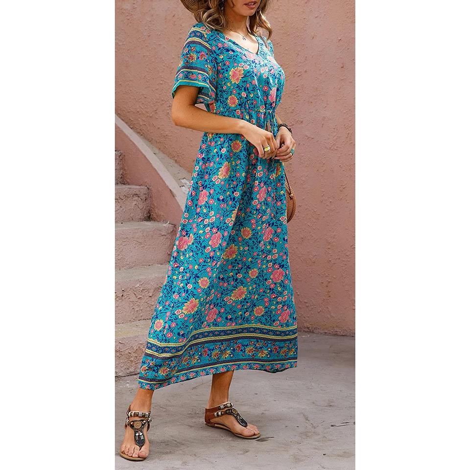 Blue%20V-Neck%20Floral%20Print%20Midi%20Dress