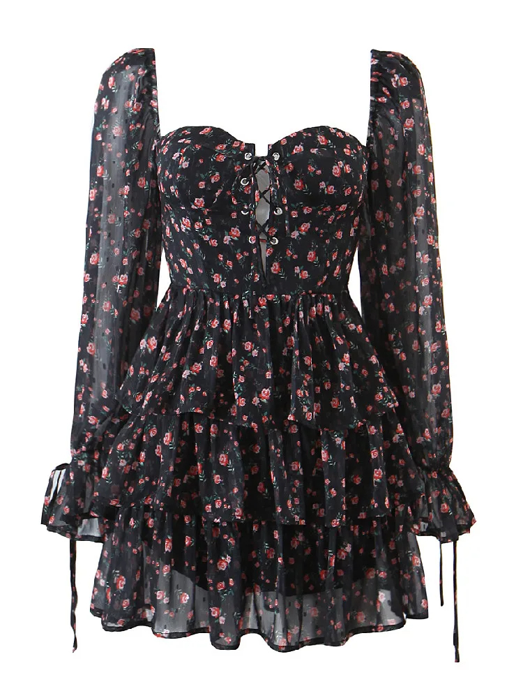 Black%20Flower%20Print%20Puff%20Long%20Sleeve%20Mini%20Dress