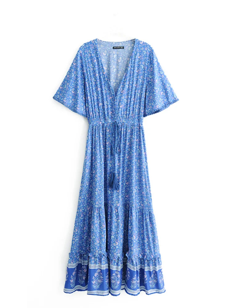 Blue%20Beach%20Bohemian%20%20V%20%20Neck%20Tassel%20Maxi%20Dress