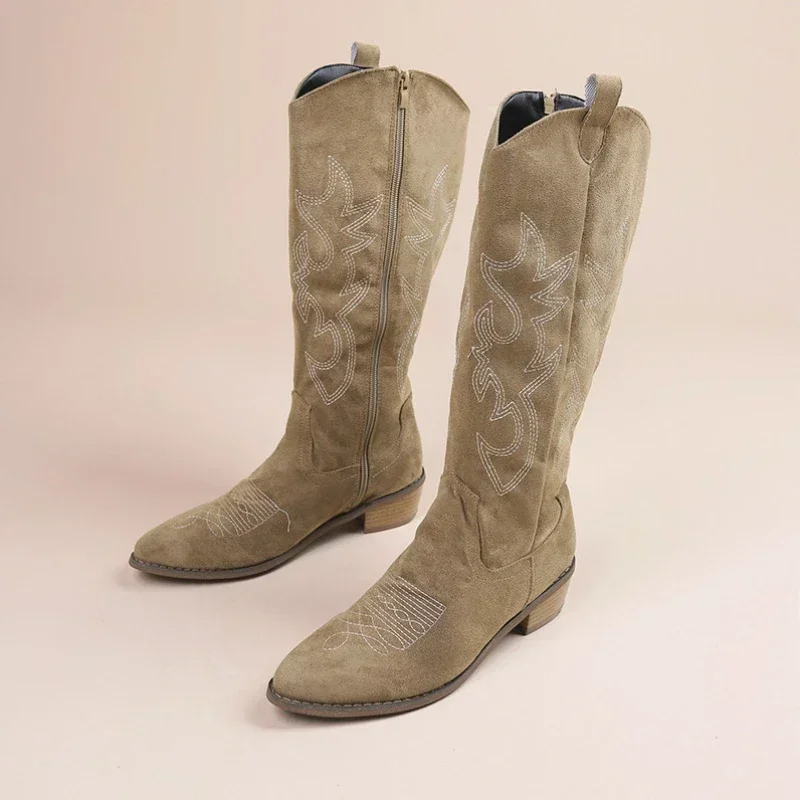 Khaki%20Embroidered%20Boots%20for%20Women