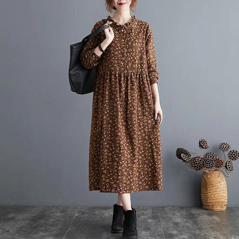 Coffee%20Cotton%20Linen%20Floral%20Long%20Dress%20/