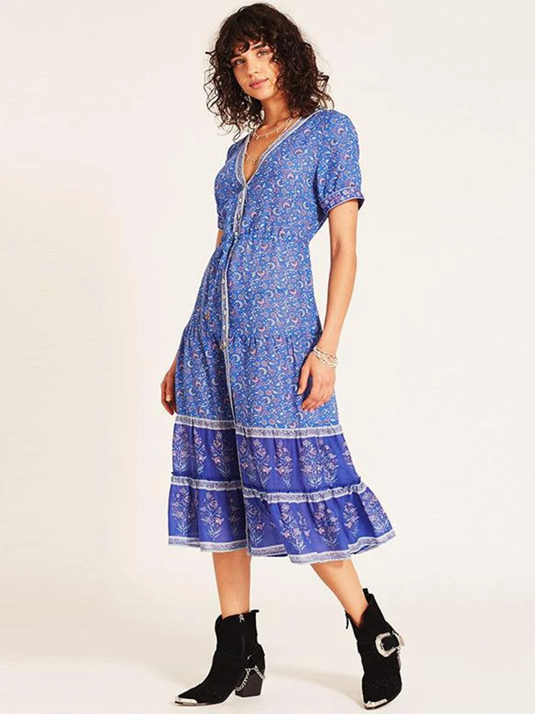 Blue%20V-Neck%20Loose%20Summer%20Style%20Midi%20Dress%20%20%20%20%20