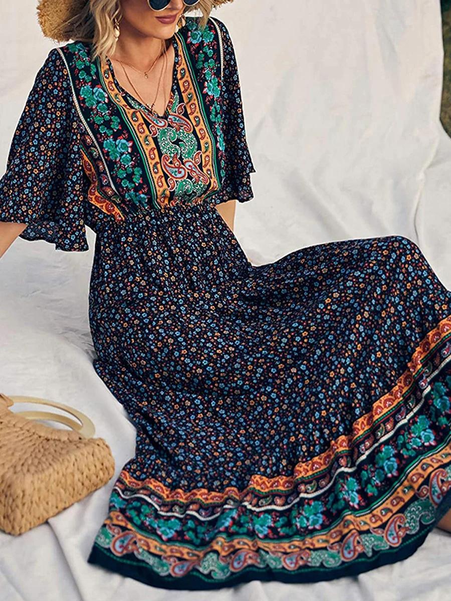 Black%20Retro%20Print%20Boho%20Long%20Dress-