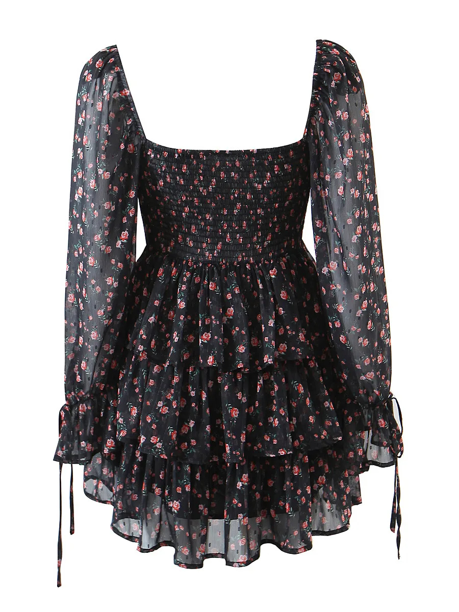 Black%20Flower%20Print%20Puff%20Long%20Sleeve%20Mini%20Dress/