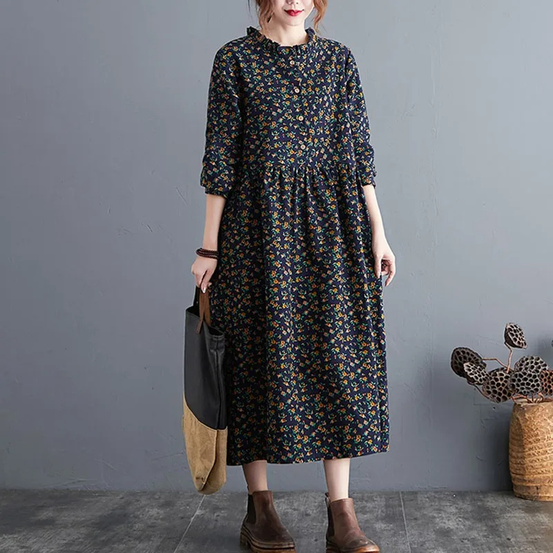 Dark%20Blue%20Cotton%20Linen%20Floral%20Long%20Dress%20/