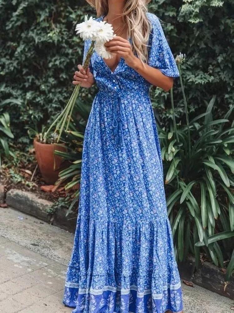 Blue%20Beach%20Bohemian%20%20V%20%20Neck%20Tassel%20Maxi%20Dress-