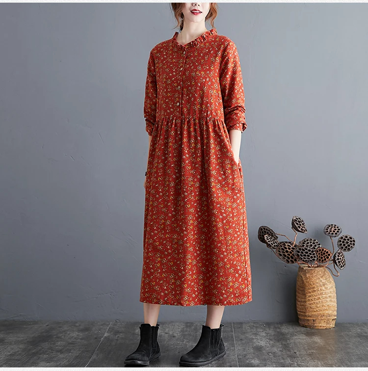 Orange%20Cotton%20Linen%20Floral%20Long%20Dress%20/