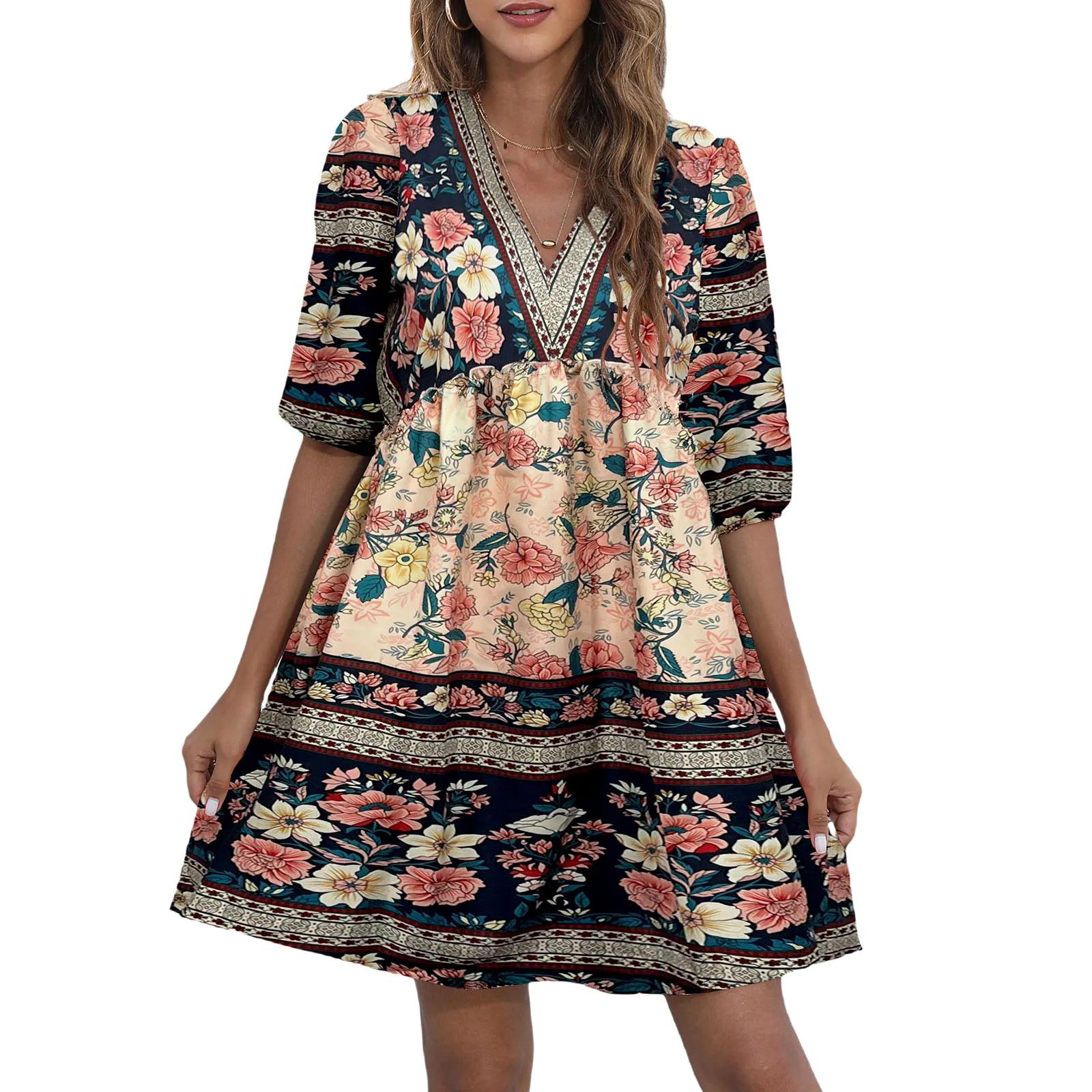 Ethnic%20Style%20Floral%20Print%20V-Neck%20Puff%20Sleeve%20Black%20Dress