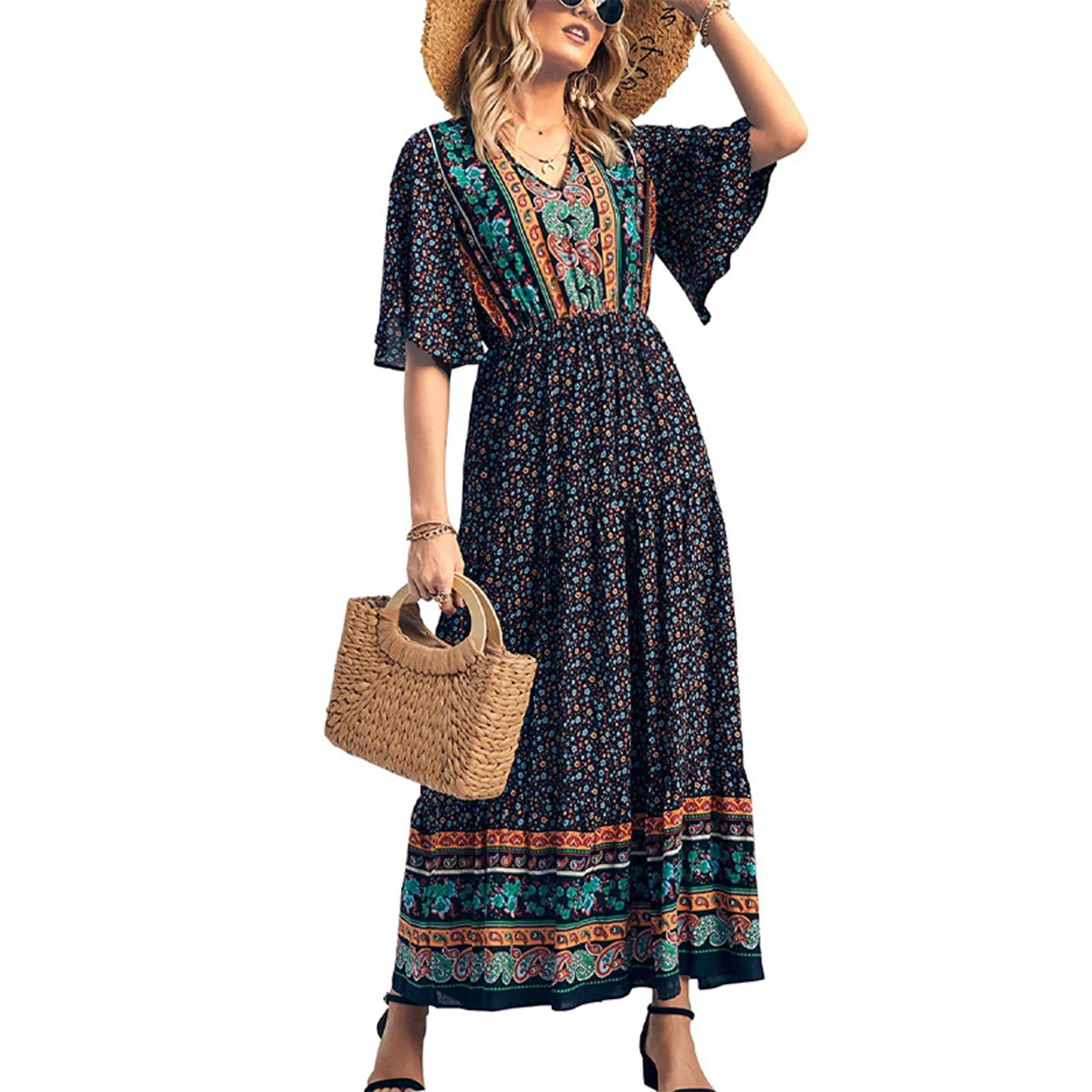 Black%20Retro%20Print%20Boho%20Long%20Dress