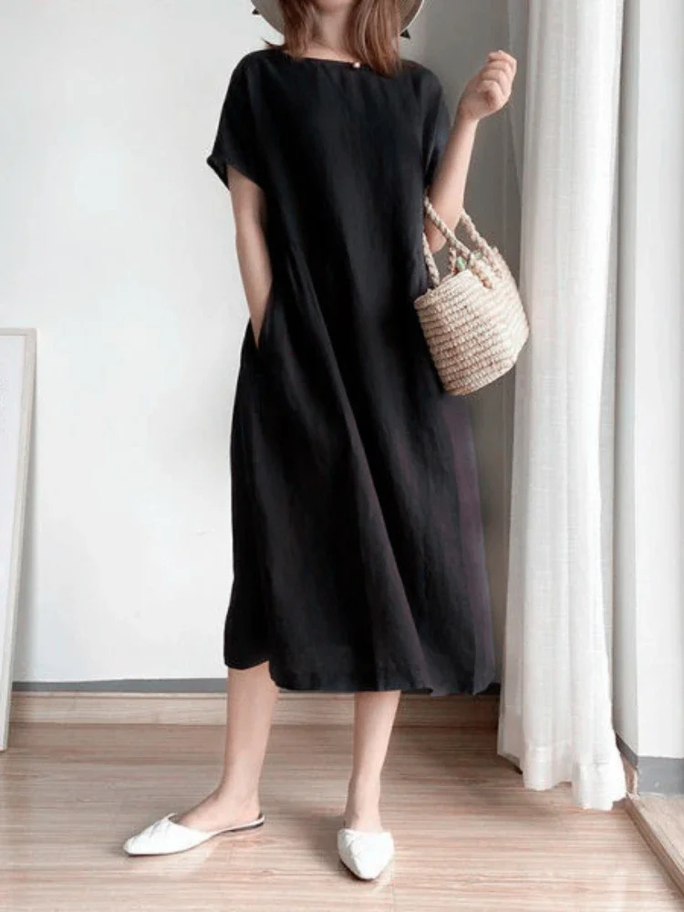 Black%20Cotton%20Linen%20Midi%20Dress