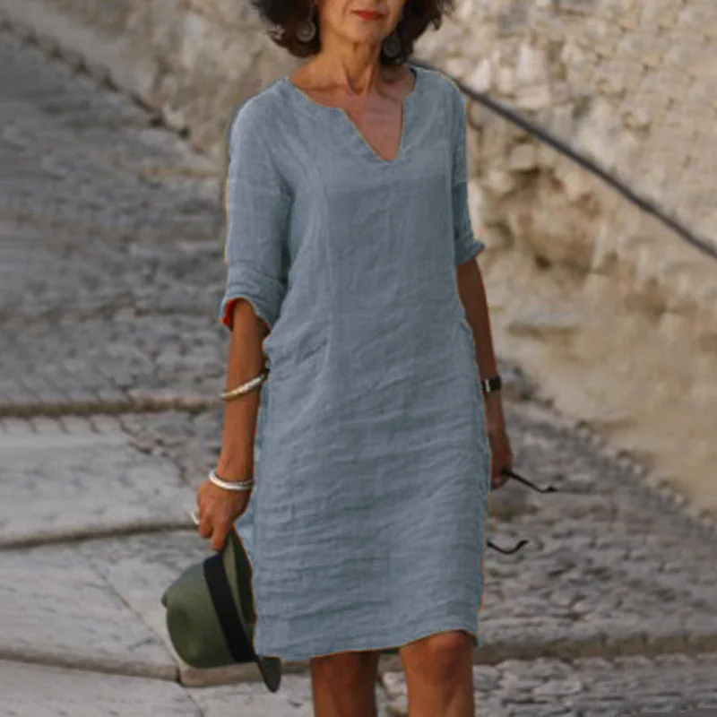 Blue%20V-neck%20Three%20Quater%20Sleeve%20Cotton%20Linen%20%20Dress%20/