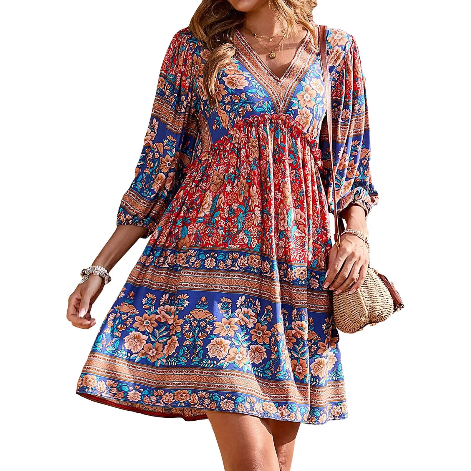 Ethnic%20Style%20Floral%20Print%20V-Neck%20Puff%20Sleeve%20Red%20Dress