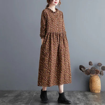 Coffee%20Cotton%20Linen%20Floral%20Long%20Dress%20/