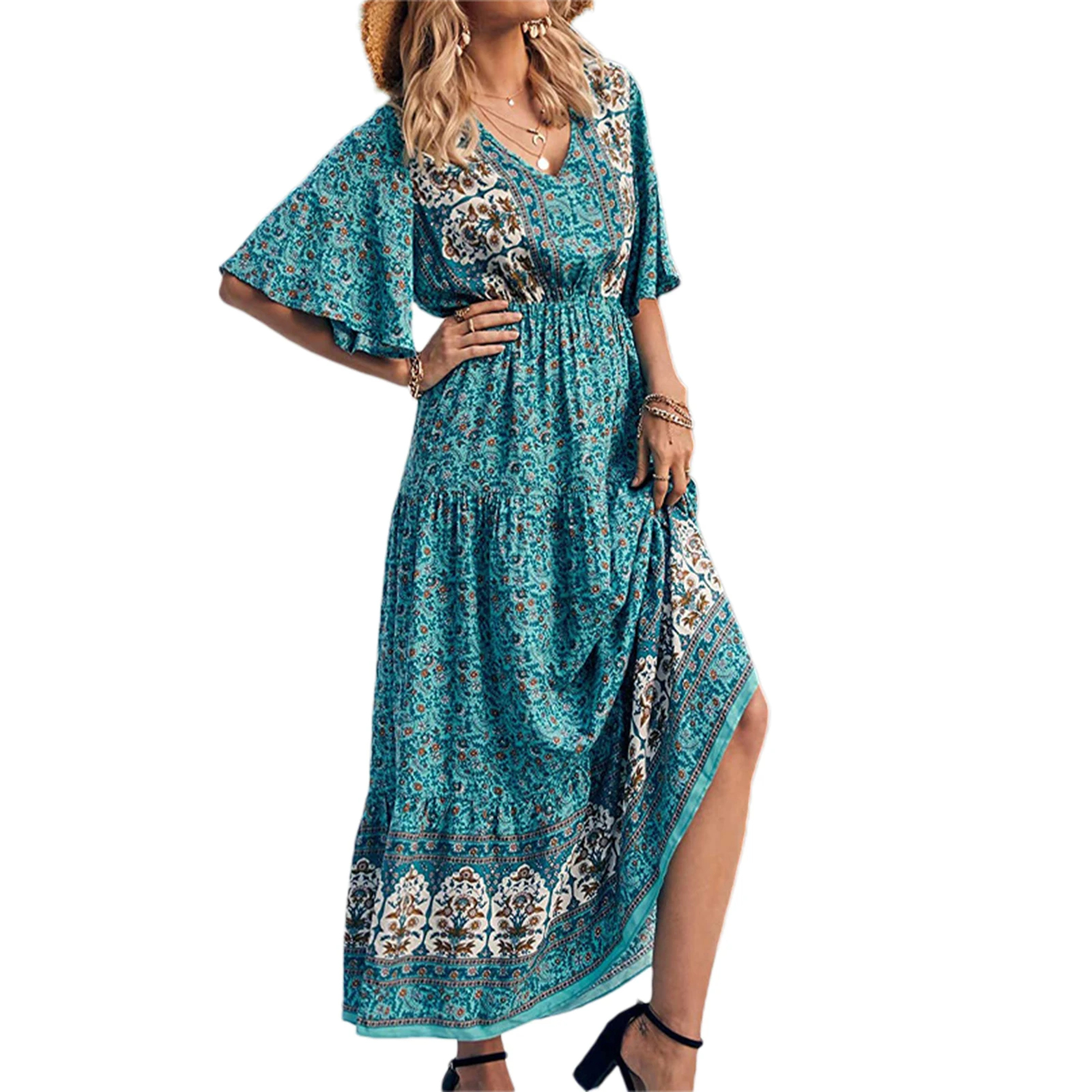 Retro%20Print%20Cyan%20Boho%20Long%20Dress