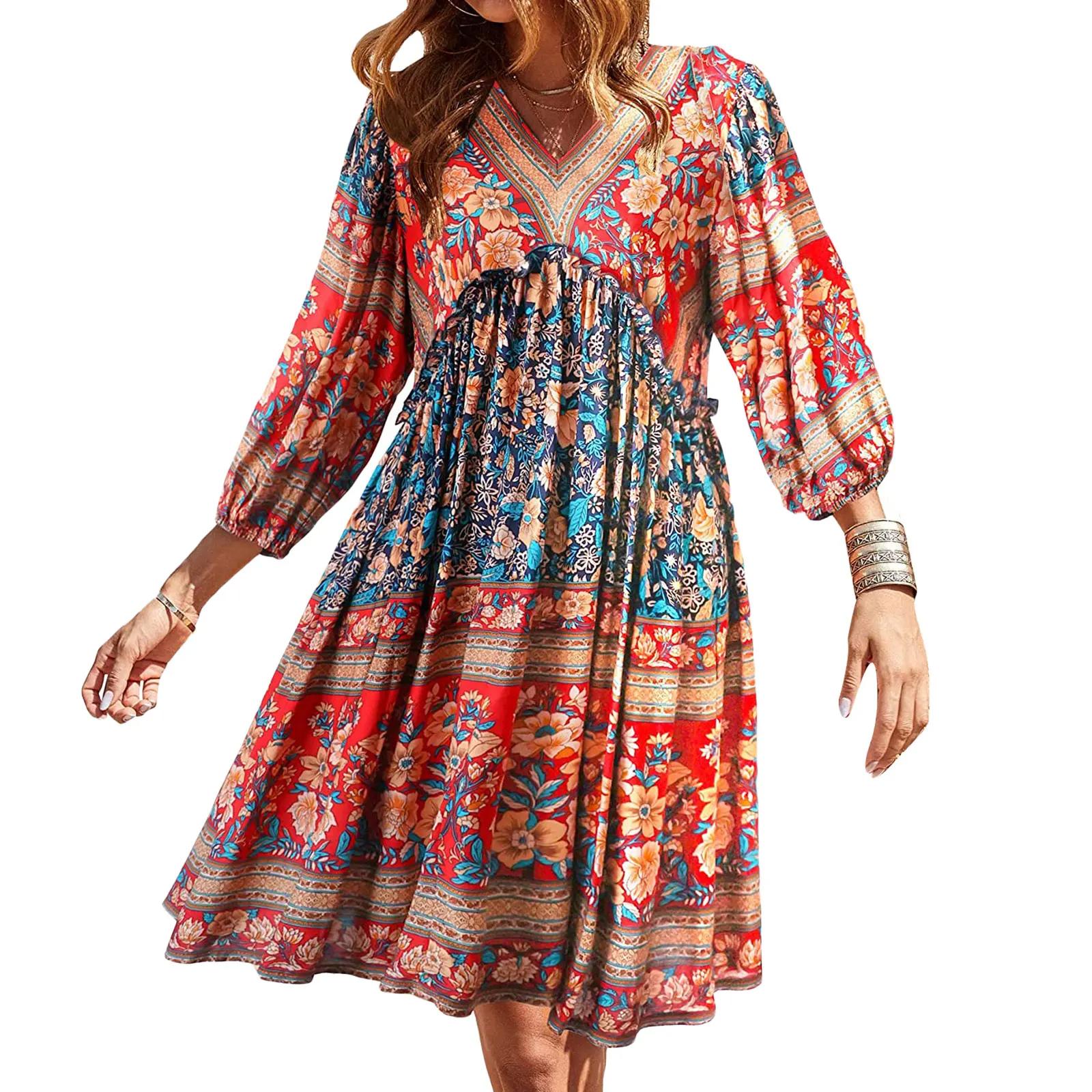 Ethnic%20Style%20Floral%20Print%20V-Neck%20Puff%20Sleeve%20Blue%20Dress