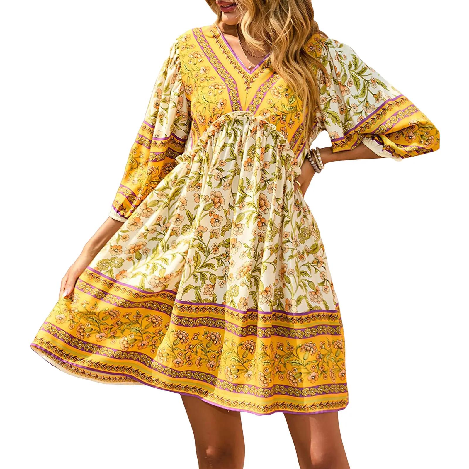 Ethnic%20Style%20Floral%20Print%20V-Neck%20Puff%20Sleeve%20Yellow%20Dress-