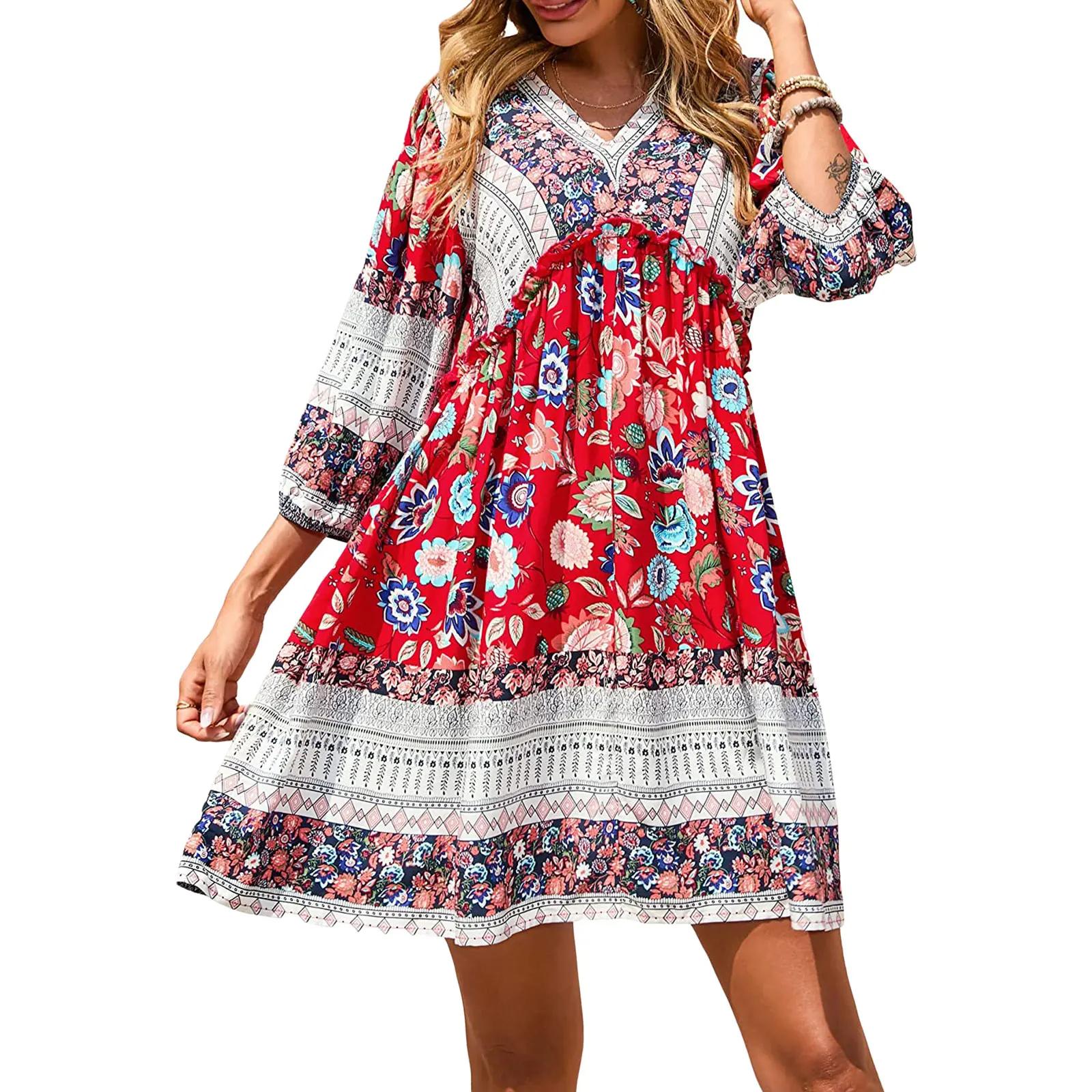 Ethnic%20Style%20Floral%20Print%20V-Neck%20Puff%20Sleeve%20White%20Dress-