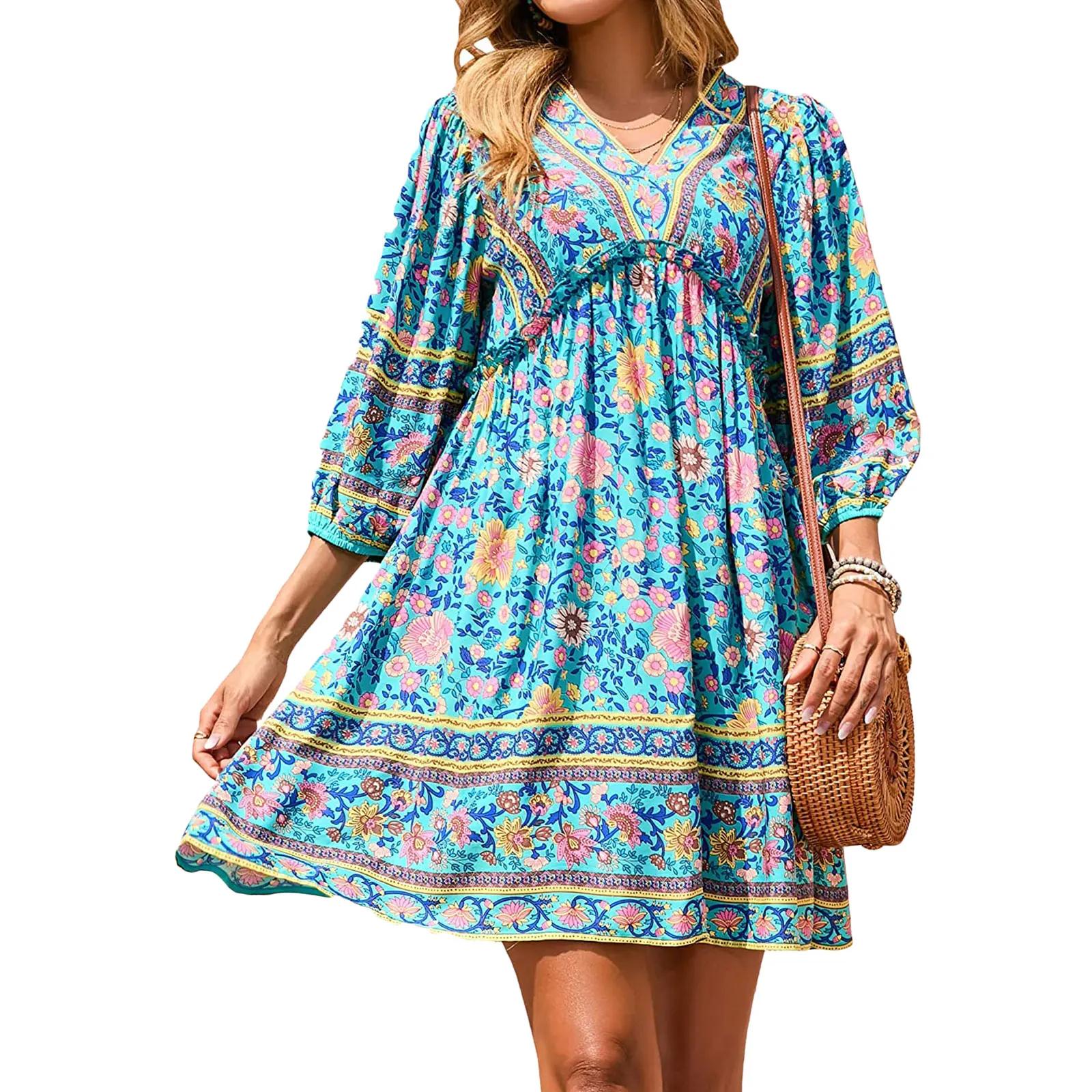 Ethnic%20Style%20Floral%20Print%20V-Neck%20Puff%20Sleeve%20Blue%20Dress