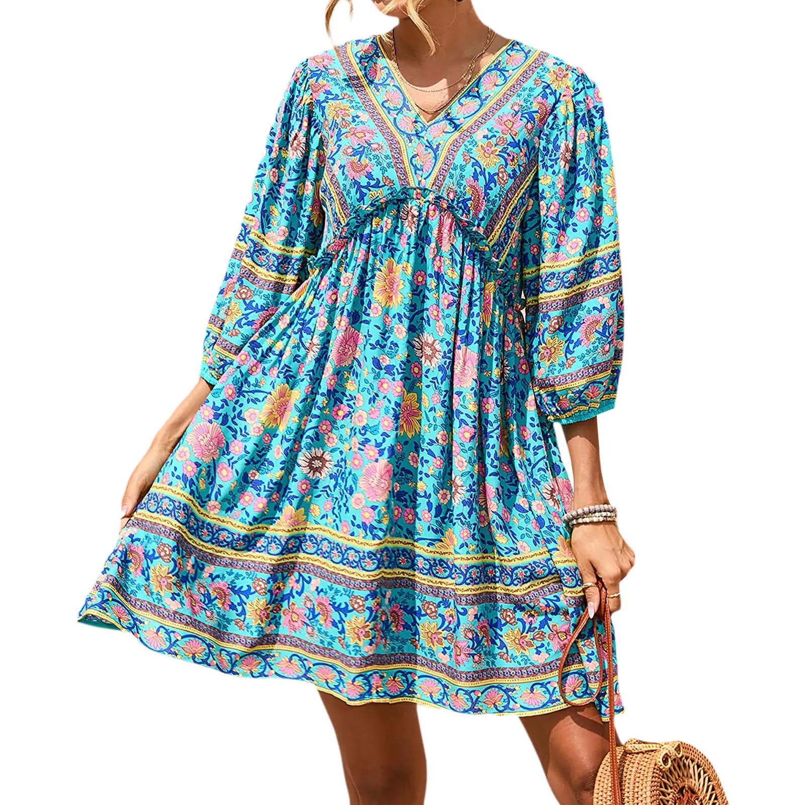 Ethnic%20Style%20Floral%20Print%20V-Neck%20Puff%20Sleeve%20Blue%20Dress-