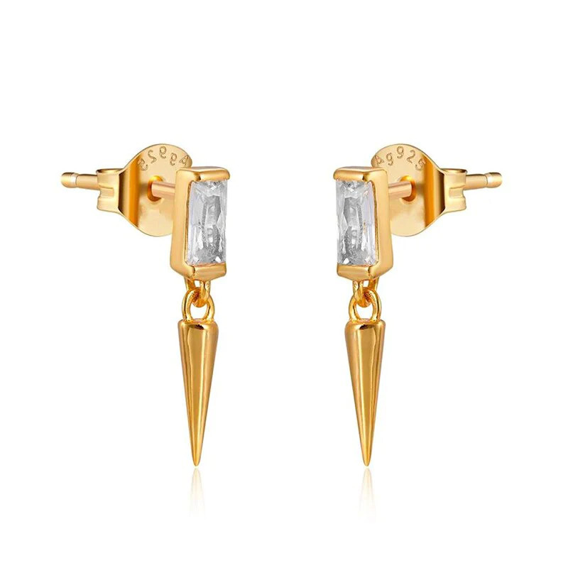 Dainty%20Baguette%20CZ%20Stud%20Earrings%20With%20Dangling%20Spike%20Charm/