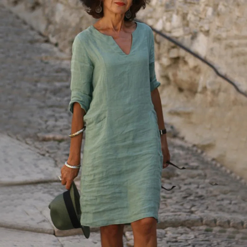 Green%20V-neck%20Three%20Quater%20Sleeve%20Cotton%20Linen%20Dress%20