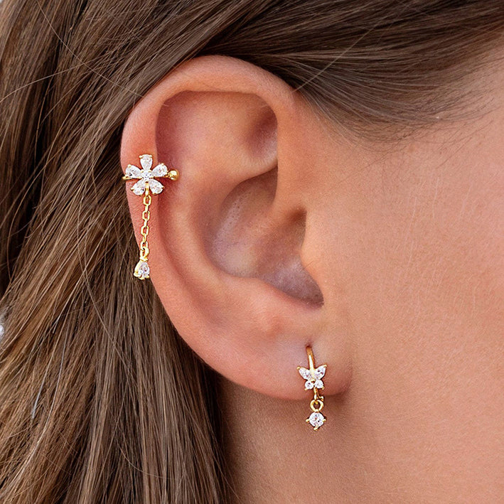 Dainty%20Flower%20CZ%20Dangling%20Chain%20Drop%20Hoop%20Earrings/