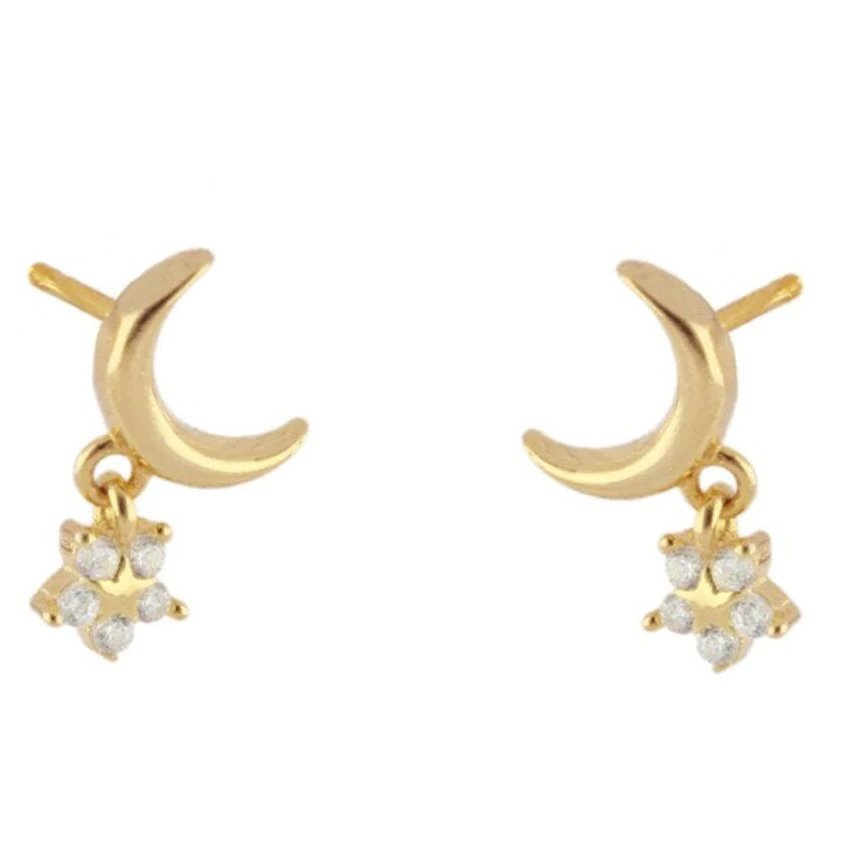 Dainty%20Crescent%20Moon%20With%20Dangling%20CZ%20Star%20Shaped%20Charm%20Stud%20Earrings/