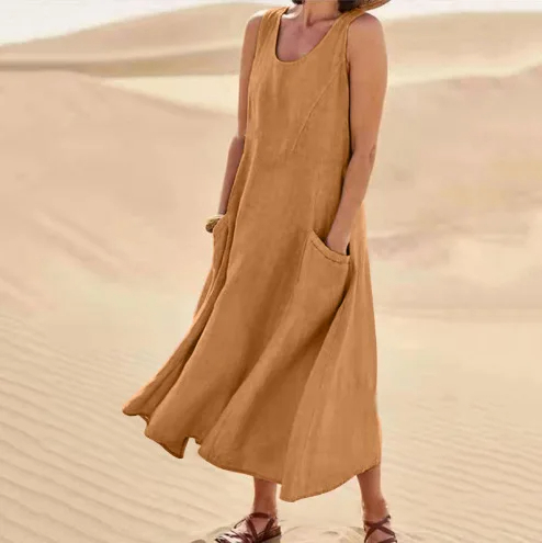 Khaki%20Cotton%20Linen%20Sleeveless%20Long%20Dress