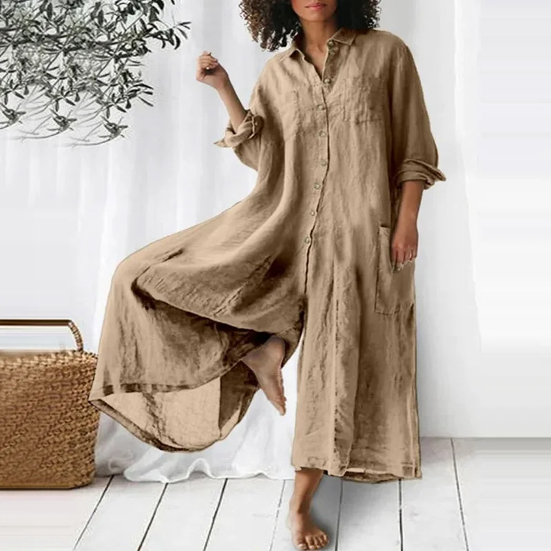 Khaki%20Cotton%20Linen%20Shirt%20Jumpsuit-