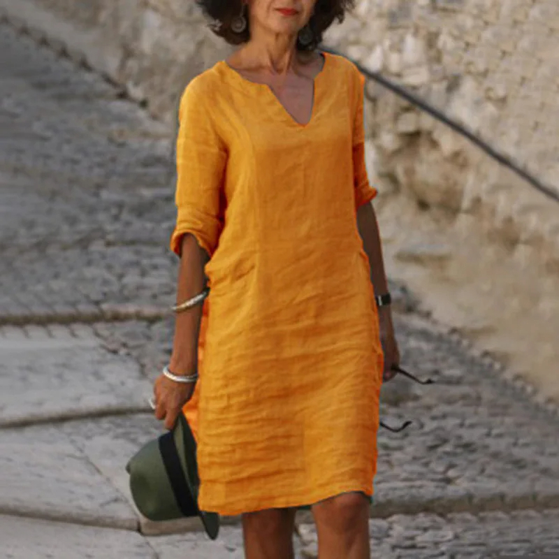 Orange%20V-neck%20Three%20Quater%20Sleeve%20Cotton%20Linen%20Orange%20Dress