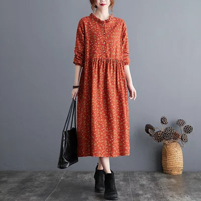 Orange%20Cotton%20Linen%20Floral%20Long%20Dress%20%20