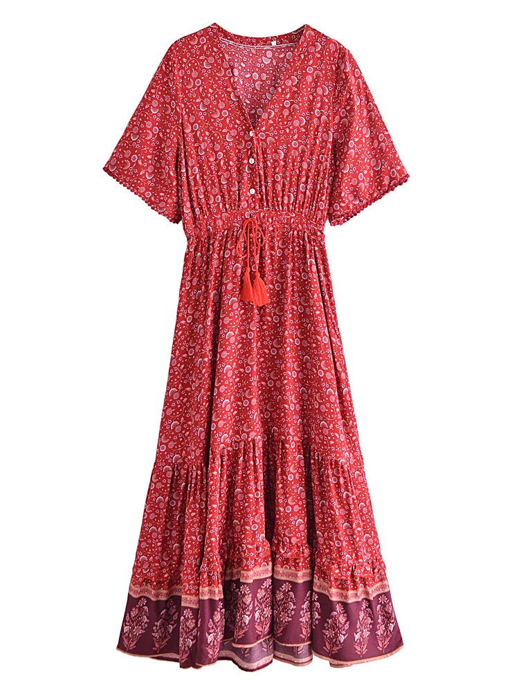 Red%20Beach%20Bohemian%20%20V%20%20Neck%20Tassel%20Maxi%20Dress